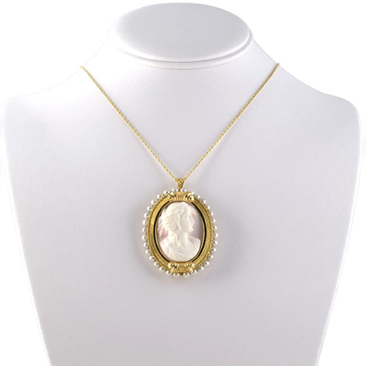 White-on-Pink Shell & Pearl Cameo Pin-Pendant Necklace